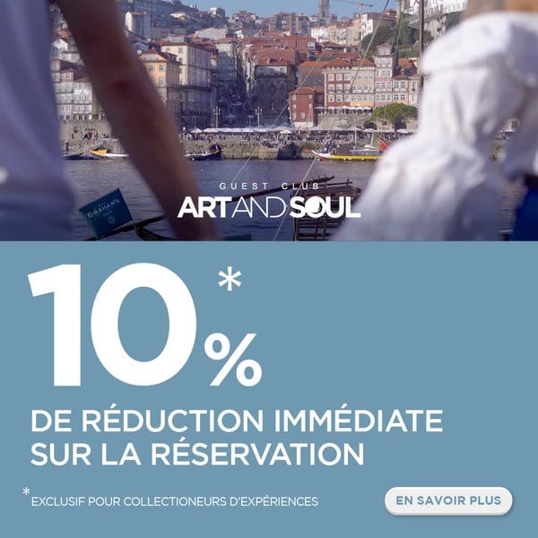Bannière avec une offre de 10% de réduction immédiate sur la réservation via le Guest Club Art and Soul